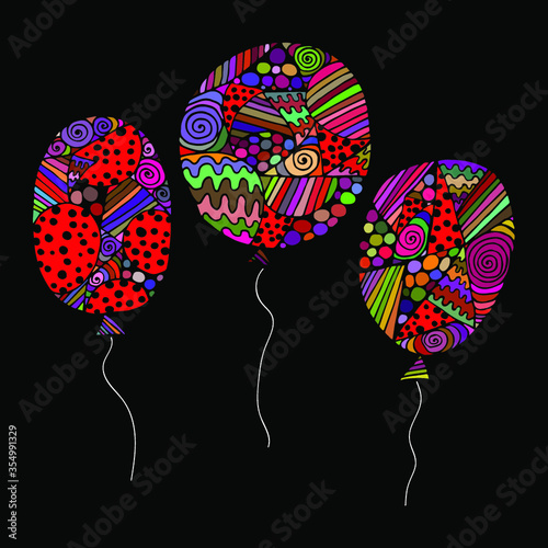 Vector illustration of festive colored balloons with asymmetrical geometric elements on a black background. greeting card. bacgrond. photo