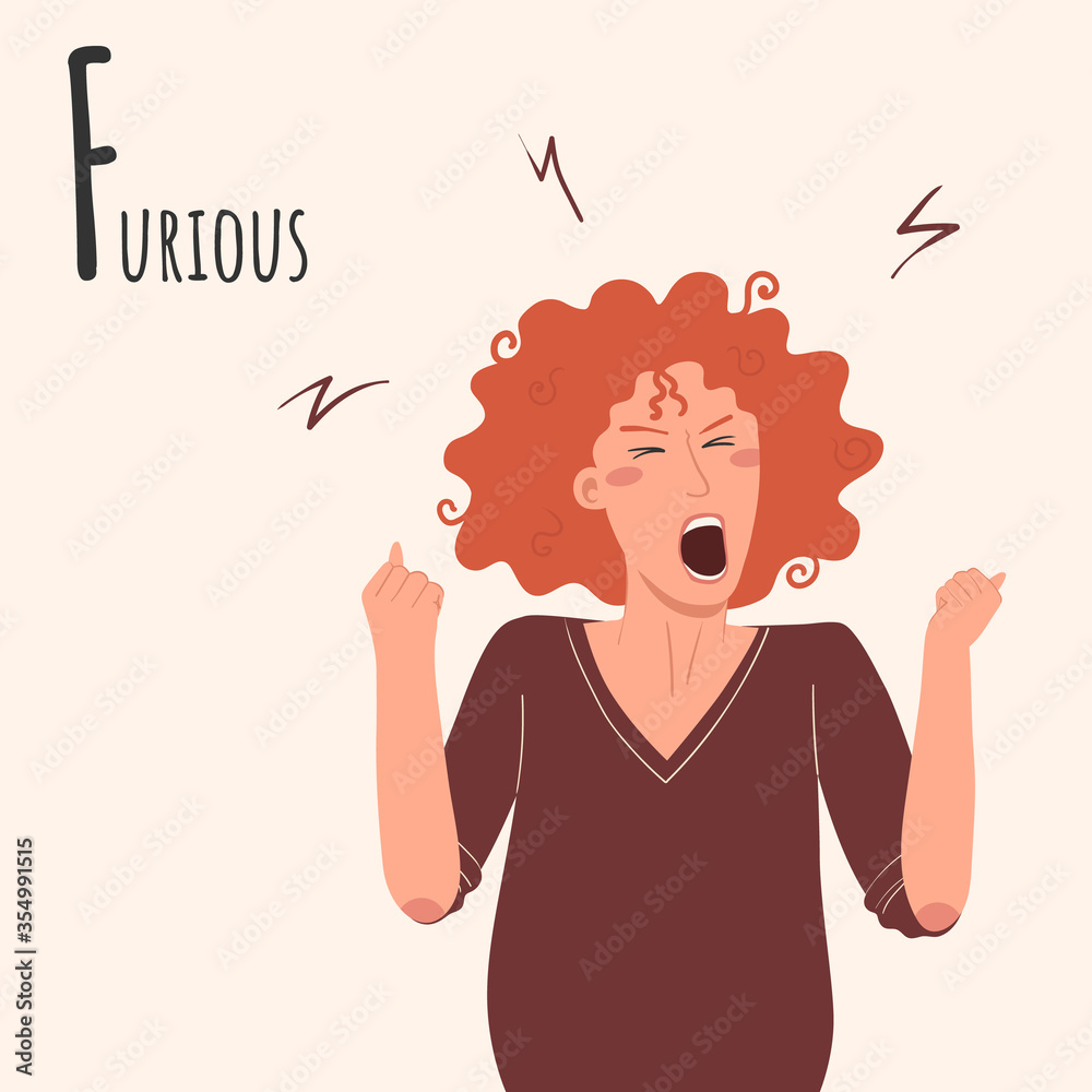 Alphabet Emotions concept. Female character furious and angry. Letter F - Furious. Vector cartoon illustration Alphabet Emotions concept. Female character furious and angry. Letter F - Furious. Vector cartoon illustration
