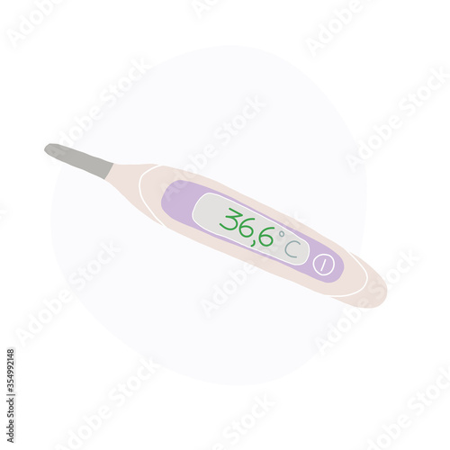 Electronic thermometer with normal body temperature on screen, 36.6 Celsius. Hand drawn vector illustration.