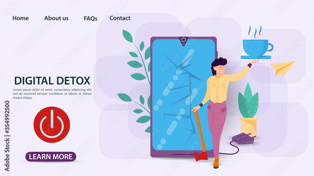 Digital detox banner concept for web and mobile sites a Man smashed his phone with an axe off button flat vector illustration