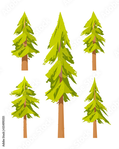 Spruce set. The fir-tree forest. A set of pine trees. Fir grove. A thorn tree. Branches with needles. Pine valley. Cartoon objects. Green planting.