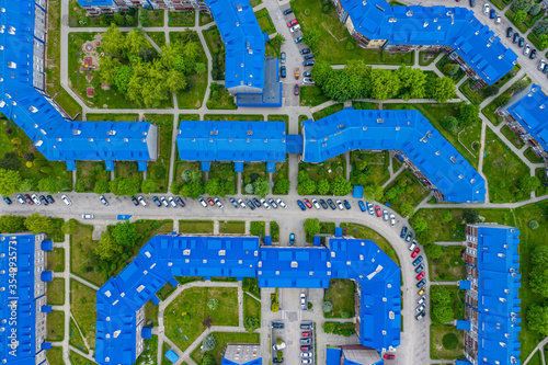 Aerial view of the housing estate with blue roofs. Estate Sloviki located on Witosa street is also called   Smurfs  Olkusz  Poland.