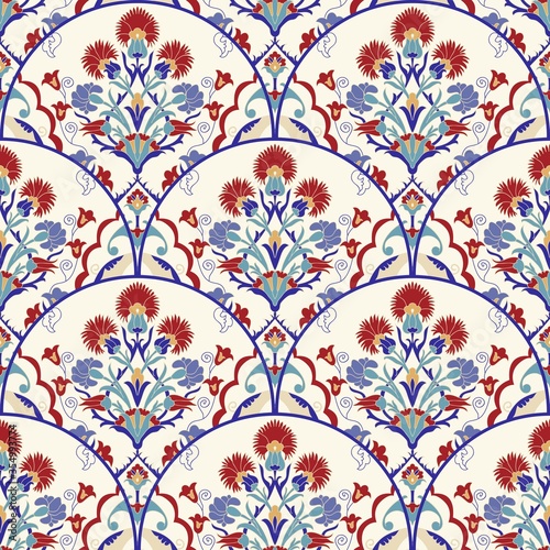 Seamless Turkish colorful pattern. Vintage multicolor pattern in Eastern style. Endless floral pattern can be used for ceramic tile, wallpaper, linoleum, textile, web page background. Vector