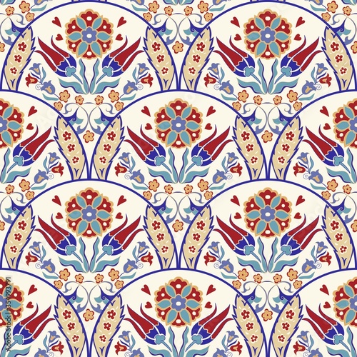 Seamless Turkish colorful pattern. Vintage multicolor pattern in Eastern style. Endless floral pattern can be used for ceramic tile, wallpaper, linoleum, textile, web page background. Vector