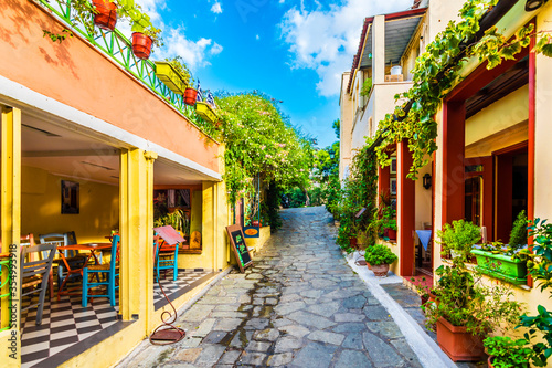 Colorful street view in Plaka District of Athens. © nejdetduzen