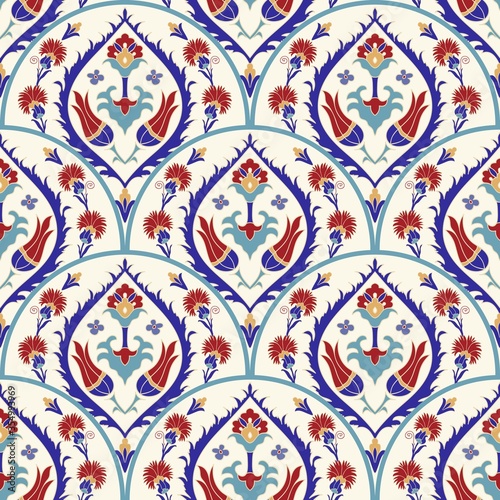 Seamless Turkish colorful pattern. Vintage multicolor pattern in Eastern style. Endless floral pattern can be used for ceramic tile, wallpaper, linoleum, textile, web page background. Vector