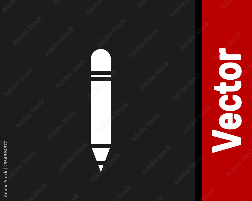 White Pencil with eraser icon isolated on black background. Drawing and educational tools. School office symbol. Vector Illustration White Pencil with eraser icon isolated on black background. Drawing and educational tools. School office symbol. Vector Illustration