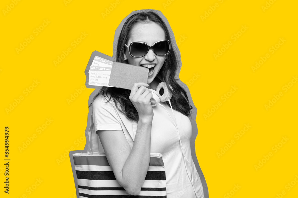 Black white portrait of a traveler girl walks with bag and passport, tickets with a yellow stroke. Black white portrait of a traveler girl walks with bag and passport, tickets with a yellow stroke.