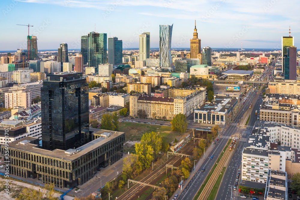 Warsaw skyline - aerial view of  the city centre (Downtown) - Poland