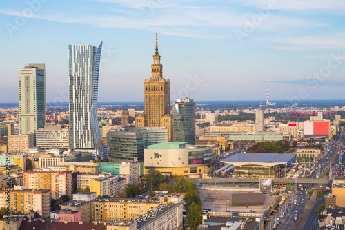 Warsaw skyline - aerial view of the city centre (Downtown) - Poland