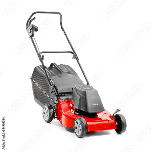 Fotografie, Tablou Red Lawn Mower Isolated on White Background