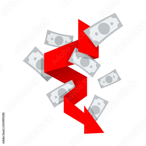 Currency crash thematic illustration - artistic arrow down and pouring money bank notes - vector icon or infographic decoration
