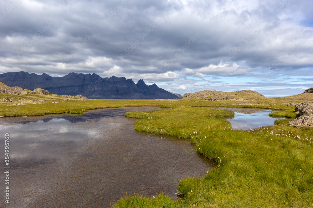 View of a typical and beautiful landscape and untouched nature in East Iceland.