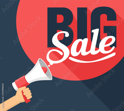 Bis sale conceptual banner - hand holding loudspeaker and dialog bubble with message  - vector illustration 