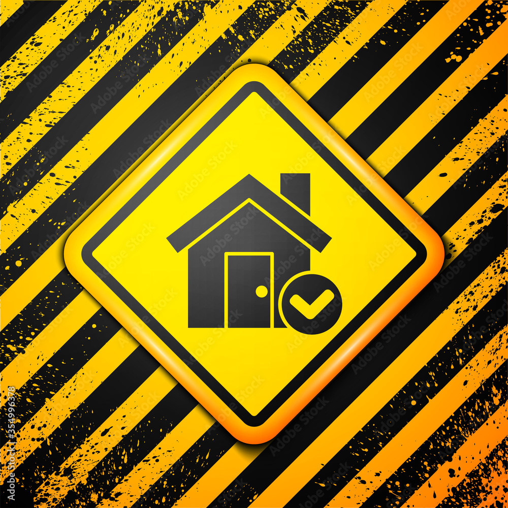Black House with check mark icon isolated on yellow background. Real estate agency or cottage town elite class. Warning sign. Vector Illustration Black House with check mark icon isolated on yellow background. Real estate agency or cottage town elite class. Warning sign. Vector Illustration