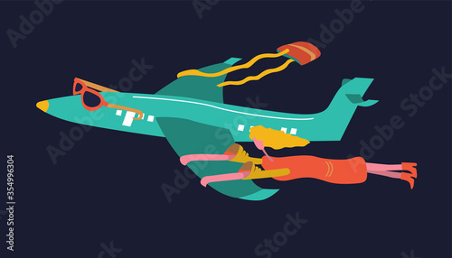 Businesswoman with suitcase holding on the wing of airplane. Business travel and transportation concept. Traveler missing flight. Troubles with transit flight. Flat cartoon vector illustration concept