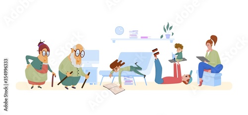 Large family, several generations staying at home in self quarantine, protection from virus. Vector illustration in flat style