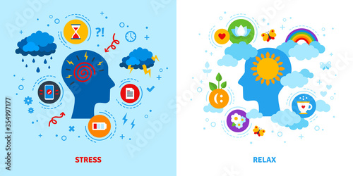 Mental stress and relax concept. Vector illustration. Anger, negative or positive mind, emotional triggers. Flat style icons.