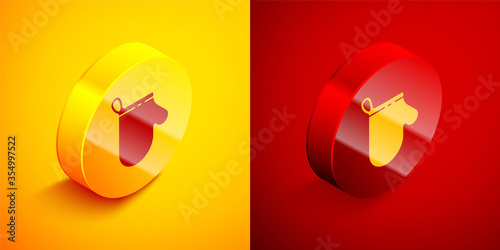 Isometric Oven glove icon isolated on orange and red background. Kitchen potholder sign. Cooking glove. Circle button. Vector Illustration