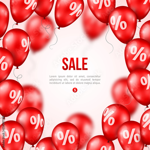 Sale poster. Vector illustration. Design template for holiday sale event. 3d red balloons with percents. Original festive backdrop.