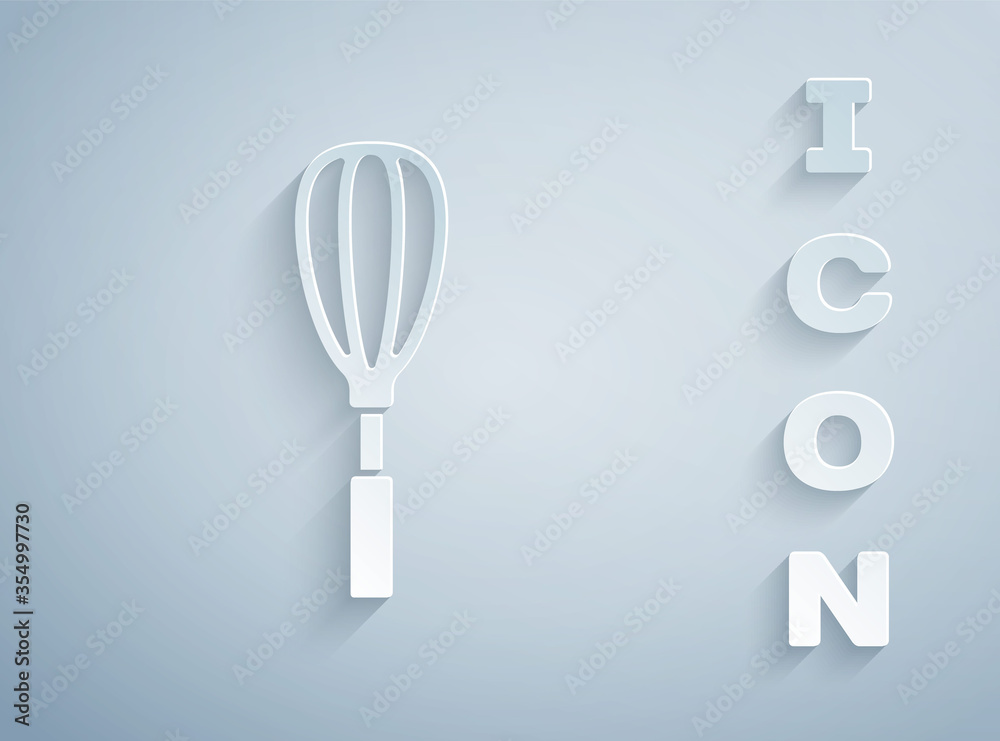 Fototapeta premium Paper cut Kitchen whisk icon isolated on grey background. Cooking utensil, egg beater. Cutlery sign. Food mix symbol. Paper art style. Vector Illustration