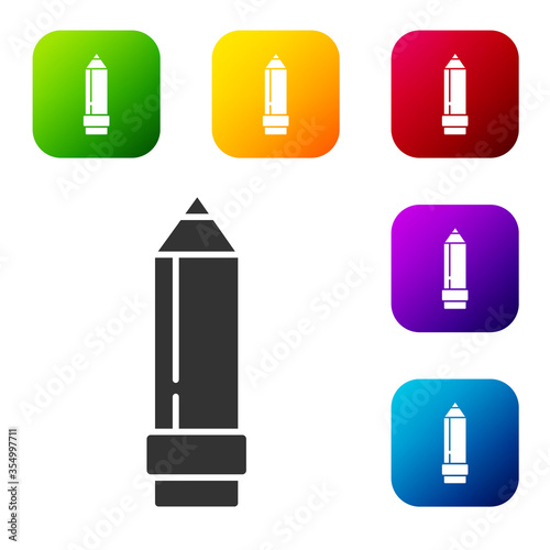 Black Pencil with eraser icon isolated on white background. Drawing and educational tools. School office symbol. Set icons in color square buttons. Vector Illustration