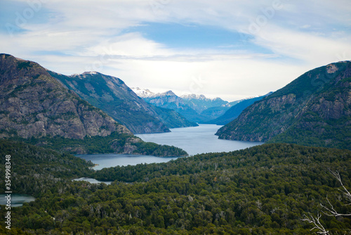 View from Villa LLao Llao in San Carlos de Bariloche, Patagonia, Argentina - picturesque landscape of blue water lakes and mountains, a famous tourist destination in Patagonia. 