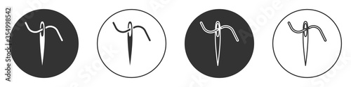 Black Needle for sewing with thread icon isolated on white background. Tailor symbol. Textile sew up craft sign. Embroidery tool. Circle button. Vector Illustration