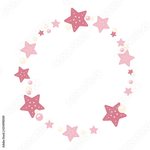 Circle with starfish and pearls. Frame with place for text and for design postcards. Vector illustration isolated on a white background. © Katerina