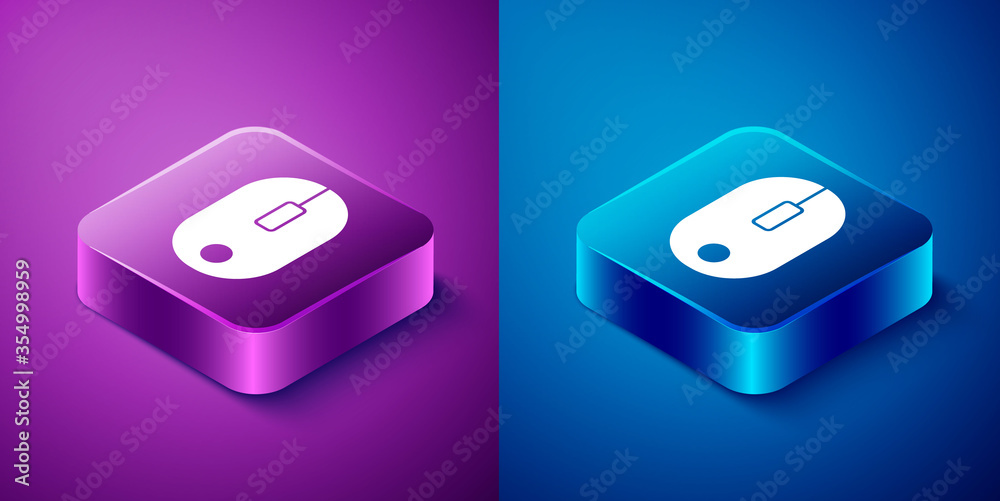Isometric Computer mouse icon isolated on blue and purple background. Optical with wheel symbol. Square button. Vector Illustration Isometric Computer mouse icon isolated on blue and purple background. Optical with wheel symbol. Square button. Vector Illustration