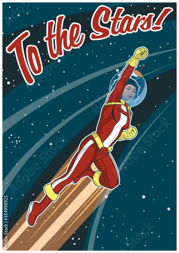 Flying Woman Astronaut Poster Retro Pin Up Style 