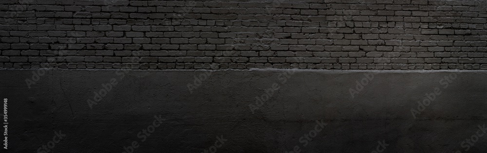 Black brick panoramic background, split stucco texture, creative copy space, horizontal aspect