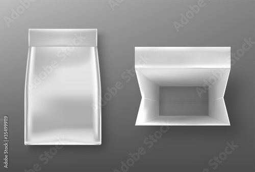 Silver doy pack, pouch paper or foil bag top and front view. Close and open sachet with clip isolated on grey background. Food, cosmetic product blank package mock up. Realistic 3d vector illustration