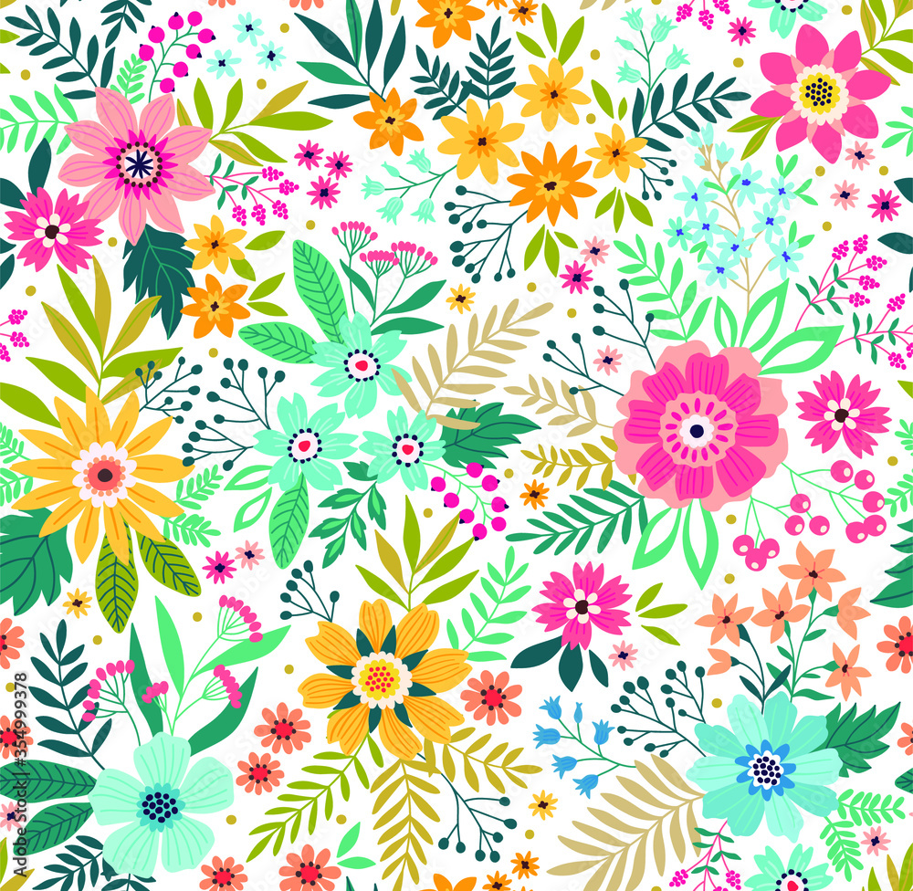 Trendy seamless vector floral pattern. Endless print made of small colorful flowers, leaves and berries. Summer and spring motifs. White. Vector illustration.