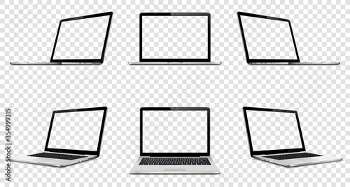 Laptop with transparent screen on transparent background. Perspective, top and front laptop view with transparent screen. photo
