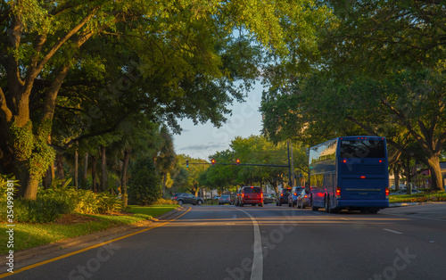 Sunny day. Cars and a blue bus on a city street. Cars stand in front of a traffic light.