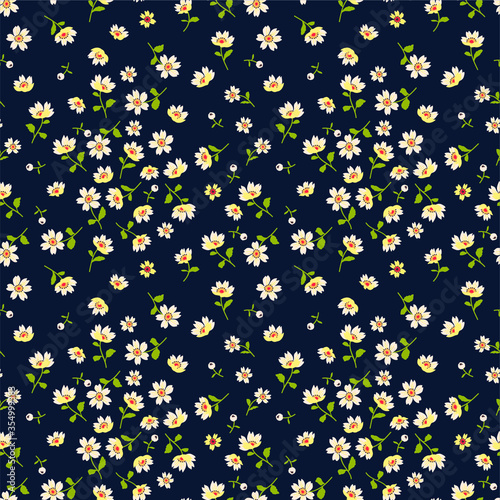 Floral pattern. Pretty flowers on dark blue background. Printing with small white flowers. Ditsy print. Seamless vector texture. Spring bouquet.