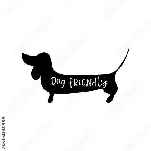 Dog friendly lettering and dachshund silhouette. Design element for cafe and shop.