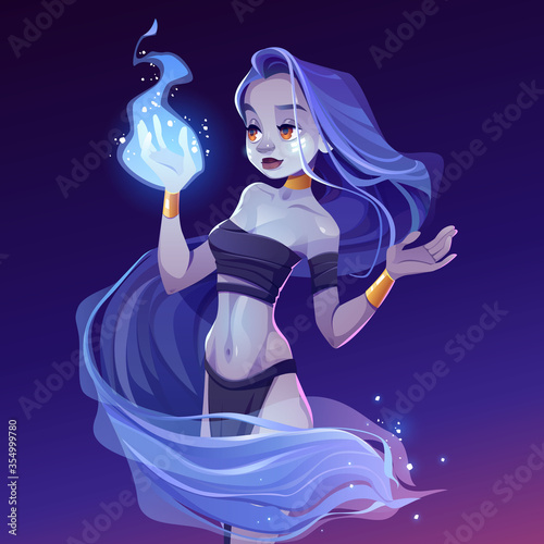 Magic woman, nymph looking on wizard fire on hand. Beautiful witch wear loincloth, top and gold jewelry, wrapped into long hair admire of magical sparkling blaze at night, Cartoon vector illustration