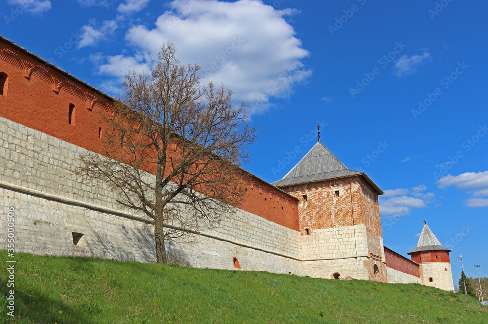 The exterior of the Kremlin wall in Zaraysk town. Cultural heritage of the Middle Ages (16th century) in the Moscow region, Russia
