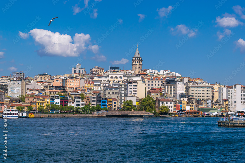 Cityscape of Karaköy district with famous Galata Tower and the seagull ...