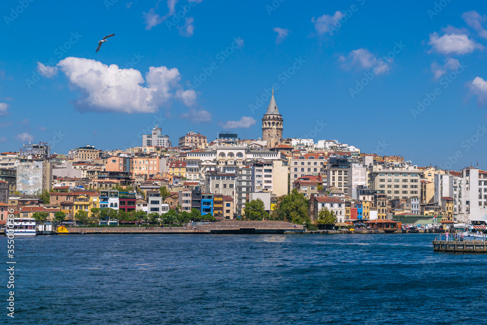 Cityscape of Karaköy district with famous Galata Tower and the seagull flying over the Golden Horn during the daytime. Karaköy, Istanbul, Turkey 
