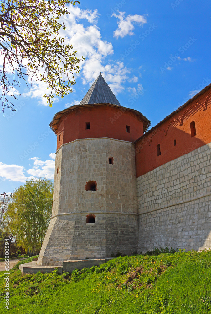 Hiding-place Corner Tower of Zaraysk Kremlin at Zaraysk town in sunny day. Cultural heritage of the Middle Ages (16th century) in the Moscow region, Russia