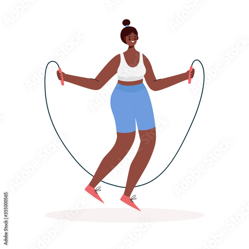 Woman activities. Girl jump with skipping rope cartoon flat vector illustration. Fitness exercise with jumping rope. Body workout, gymnastic training. Healthy Lifestyle
