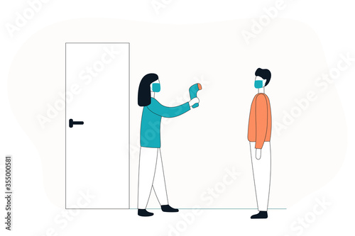 Checking temperature with a non-contact thermometer. Coronavirus pandemic. Vector flat illustration.