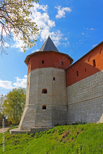 Hiding-place Corner Tower of Zaraysk Kremlin at Zaraysk town in sunny day. Cultural heritage of the Middle Ages (16th century) in the Moscow region, Russia