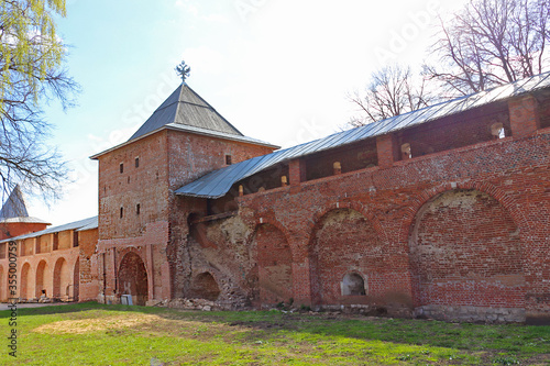 View on St. George Gate Tower and partially destroyed Kremlin wall in the inner territory of Zaraysk Kremlin. Cultural heritage of the Middle Ages (16th century). 