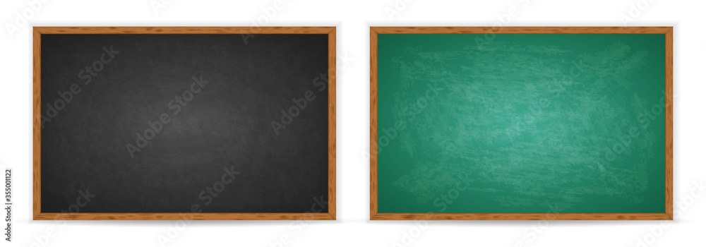 Chalkboard set. Realistic black and green blackboard in wooden frame ...