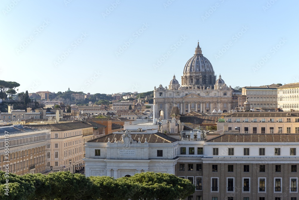 View to Rome and Saint Peter cathedral of Vatican from the Mausoleum of Hadrian, usually known as Castle of the Holy Angel, Rome, Italy