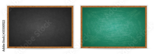 Chalkboard set. Realistic black and green blackboard in wooden frame isolated on whit background. Blackboard collection. Rubbed out dirty chalkboard. Background for school or restaurant design, menu